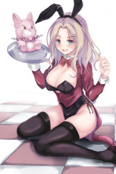 1girl animal_ears becca_woolett black_leotard black_thighhighs blonde_hair blue_eyes bow bowtie breasts capcom cleavage coat commentary_request detached_collar fake_animal_ears funky45 highres large_breasts leotard long_hair looking_at_viewer playboy_bunny rabbit_ears rabbit_girl rabbit_tail red_bow red_bowtie red_coat resident_evil resident_evil:_resistance simple_background smile solo strapless strapless_leotard stuffed_animal stuffed_rabbit stuffed_toy tail thighhighs tile_floor tiles white_background 