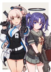  2girls absurdres artist_name black_gloves black_skirt blue_archive blue_necktie buttons collarbone collared_shirt cosplay costume_switch crossover fingerless_gloves formal gloves grey_sailor_collar grey_skirt gun half_gloves halo highres holding holding_gun holding_weapon id_card jacket kantai_collection long_hair long_sleeves machinery mechanical_halo miniskirt multiple_girls namaata necktie open_clothes open_jacket open_mouth pink_hair pleated_skirt ponytail purple_eyes purple_hair red_ribbon ribbon rigging sailor_collar shirt sidelocks signature skirt smile suit two-sided_fabric two-sided_jacket two_side_up weapon white_jacket white_shirt yellow_eyes yura_(kancolle) yura_(kancolle)_(cosplay) yura_kai_ni_(kancolle) yuuka_(blue_archive) yuuka_(blue_archive)_(cosplay)  rating:General score:6 user:danbooru