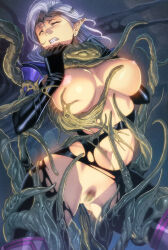  1girl breasts censored clenched_teeth closed_eyes elf homare_(fool&#039;s_art) large_breasts monster pointy_ears rape teeth tentacles  rating:Explicit score:42 user:pa161ck