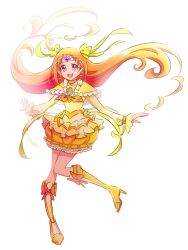  1girl :d boots choker commentary_request cure_muse_(yellow) dress earrings eyelashes fpminnie1 hair_ornament hair_ribbon happy high_heel_boots high_heels highres jewelry knee_boots long_hair long_sleeves looking_at_viewer magical_girl open_mouth orange_hair pink_eyes precure ribbon shirabe_ako simple_background smile solo standing suite_precure white_background yellow_choker yellow_dress yellow_ribbon 