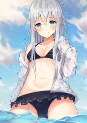 1girl alternate_costume bikini bikini_under_clothes black_bikini blue_eyes blue_sky blush breasts closed_mouth cloud cloudy_sky cowboy_shot day frilled_bikini frills hair_between_eyes hammer_and_sickle hand_up hibiki_(kancolle) highres hood hoodie kantai_collection long_hair long_sleeves looking_at_viewer navel ocean open_clothes open_hoodie outdoors partially_submerged see-through shirt sidelocks silver_hair sky small_breasts smile solo star_(symbol) striped_bikini striped_clothes swimsuit swimsuit_under_clothes wading water wet wet_clothes wet_shirt yuzuzukushi rating:Questionable score:10 user:danbooru