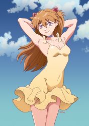 1girl :&gt; arms_up bare_legs bare_shoulders blue_eyes blue_sky breasts brown_hair choker cleavage closed_mouth day dress floating_clothes floating_hair highres legs legs_together long_hair looking_at_viewer mra-artworks neon_genesis_evangelion signature sky smile solo souryuu_asuka_langley standing sundress thighs tsundere wide_hips yellow_dress 