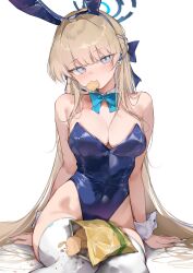  1girl absurdres animal_ears bag_of_chips blonde_hair blue_archive blue_bow blue_bowtie blue_eyes blue_hair blue_halo blue_leotard blush bow bowtie braid breasts cleavage closed_mouth covered_navel detached_collar fake_animal_ears halo highres large_breasts leotard long_hair looking_at_viewer multicolored_hair official_alternate_costume pepq rabbit_ears sitting solo strapless strapless_leotard streaked_hair thighhighs toki_(blue_archive) toki_(bunny)_(blue_archive) transparent_background white_thighhighs wrist_cuffs 