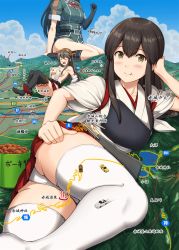  4girls akagi_(kancolle) armpits ass bauxite black_legwear blush breasts brown_eyes brown_hair bucket car chikuma_(kancolle) closed_eyes commentary_request eating giant giantess haruna_(kancolle) head_out_of_frame high_heels highres highway ichikawa_feesu japanese_clothes kantai_collection lake landmark large_breasts long_hair map mazda_rx-7 mazda_rx-7_fc mazda_rx-7_fd motor_vehicle multiple_girls muneate nissan_s14_silvia nissan_silvia nontraditional_miko open_mouth panties pantyshot pleated_skirt red_skirt sitting skirt thighhighs thighs tone_(kancolle) translation_request underwear wariza white_legwear white_panties 