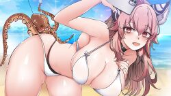 1girl :d absurdres animal animal_ears arm_up bags_under_eyes beach bent_over bikini black_collar blush breasts cat_ears cellphone chinese_commentary collar commentary_request day fingernails girls&#039;_frontline girls&#039;_frontline_neural_cloud hair_between_eyes highres holding holding_phone large_breasts lens_flare long_hair looking_at_viewer lsheng octopus open_mouth outdoors persicaria_(neural_cloud) phone pink_eyes pink_hair sand selfie slime_(substance) smartphone smile solo swimsuit tentacles water white_bikini wide_hips rating:Questionable score:7 user:danbooru