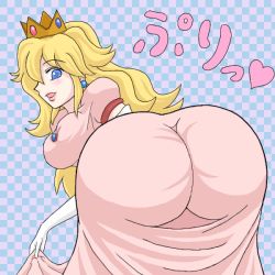 1girl ass ass_focus bent_over blonde_hair blue_eyes blush breasts crown dress elbow_gloves gloves huge_ass long_hair looking_at_viewer looking_back mario_(series) medium_breasts nintendo open_mouth pink_dress plump princess_peach shown smile solo super_smash_bros. translation_request rating:Questionable score:123 user:danbooru