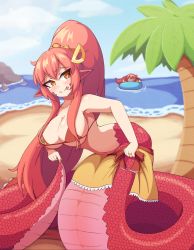  2girls alternate_hairstyle beach bikini breasts cherry_(snekfag) closed_mouth forked_tongue hair_between_eyes hair_ornament hairclip highres innertube jewelry lamia large_breasts miia_(monster_musume) monster_girl monster_musume_no_iru_nichijou multiple_girls ocean orange_eyes original outdoors palm_tree pointy_ears ponytail red_bikini red_hair ring scales smile solo_focus swim_ring swimsuit tongue tongue_out tree vadaboob wedding_band  rating:Sensitive score:57 user:danbooru
