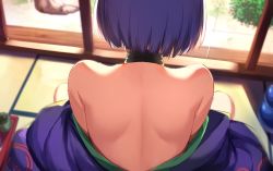  1girl back bare_shoulders fate/grand_order fate_(series) from_behind highres indoors japanese_clothes kimono purple_hair purple_kimono short_hair shuten_douji_(fate) solo spider_apple upper_body  rating:Sensitive score:47 user:danbooru