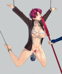  1boy 1girl bad_end bazett_fraga_mcremitz bdsm bondage bound breasts cu_chulainn_(fate) defeat dildo dripping earrings empty_eyes fate/hollow_ataraxia fate_(series) female_ejaculation forced fragarach_(fate) gae_bolg_(fate) highres jacket jewelry lactation cu_chulainn_(fate/stay_night) large_breasts licking nipples object_insertion orgasm polearm pubic_hair purple_eyes purple_hair restrained rope saliva sex_toy short_hair slave spear suspension tears tongue torn_clothes weapon wet  rating:Explicit score:72 user:Creatura