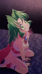  1girl ankle_bow ankle_cuffs ankle_ribbon back_bow blush bow breasts breasts_out commission earrings ellis_(toushinden) full_body green_eyes green_hair highres itou_nobuhiro jewelry kotobuki_tsukasa_(style) leotard leotard_pull looking_to_the_side medium_breasts necklace nipples parted_bangs parted_lips pink_bow ribbon shoes short_hair sitting skeb_commission solo toushinden wariza white_footwear white_leotard wrist_cuffs 