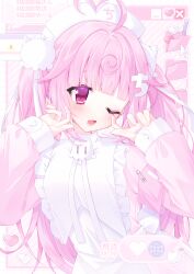  1girl @_@ absurdres ahoge apron blush dress hat heart highres icon_(computing) indie_virtual_youtuber letter_hair_ornament long_sleeves momone_chinoi nurse_cap one_eye_closed open_mouth pink_dress pink_hair safety_pin serurosu speech_bubble translation_request twintails virtual_youtuber white_apron window_(computing) 