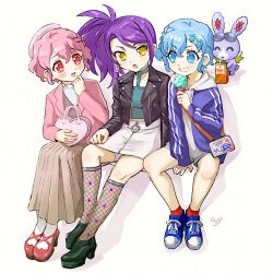  1boy :d bad_id bad_twitter_id bag beret black_jacket blue_eyes blue_footwear blue_hair blue_jacket blush braid brother_and_sister brown_skirt crossdressing dorothy_west drinking drinking_straw drinking_straw_in_mouth fishnet_socks fishnets food full_body hand_to_own_mouth hand_up hat holding holding_bag holding_food hood hood_down hooded_jacket ice_cream ice_cream_cone jacket juice_box leather leather_jacket long_hair long_sleeves looking_at_another mdr_onj1807 mole mole_under_eye open_mouth pink_eyes pink_hair pink_hat pink_jacket pleated_skirt pretty_series pripara purple_hair reona_west shoes short_hair siblings side_braid side_ponytail sitting skirt smile sneakers socks stuffed_animal stuffed_rabbit stuffed_toy toudou_shion trap twins usagi_(pripara) white_background white_skirt yellow_eyes 