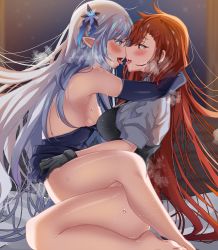  2girls absurdres blue_hair elbow_gloves elesis_(elsword) elsword flower flower_on_head from_side futa_with_female futanari gloves heart heart-shaped_pupils highres kiss long_hair multiple_girls open_mouth partially_undressed pussy_juice red_hair sex sweat symbol-shaped_pupils takanaru tattoo  rating:Explicit score:47 user:bleep1233