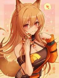 +_+ 1girl 3_(sanyako1) absurdres animal_ears arknights arm_strap asymmetrical_clothes asymmetrical_sleeves black_collar breasts ceobe_(arknights) ceobe_(summer_flowers)_(arknights) cleavage collar commentary_request cross-shaped_pupils dog_ears dog_girl dog_tail eating food food_in_mouth food_on_face hair_between_eyes heart highres holding holding_food holding_pizza jacket lock long_hair long_sleeves looking_at_viewer medium_breasts official_alternate_costume orange_hair orange_jacket padlock padlocked_collar pizza pizza_slice red_eyes single_bare_shoulder solo sparkling_eyes spoken_heart symbol-shaped_pupils tail upper_body