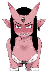  1girl areola_slip bandages black_hair blush borrowed_character breasts breasts_squeezed_together cleavage cleavage_reach colored_skin demon_girl ear_piercing forehead_jewel full-face_blush hornpot horns large_breasts long_hair o-ring o-ring_top oni oni_horns original piercing pointer pointy_ears pov pulling_another&#039;s_clothes red_oni red_skin sharp_teeth slit_pupils solo teeth tsukudani_(coke-buta) 