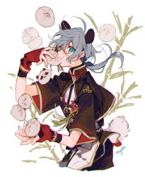  1boy ahoge animal_ears baozi bear_tail black_jacket black_pants blue_eyes blue_hair chinese_clothes chinese_knot ensemble_stars! food gloves jacket looking_at_viewer low_ponytail panda_ears pants red_gloves sapphire_(nine) shiina_niki simple_background solo tail tassel white_background 