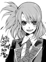  &gt;:d 10s 1girl :d akb0048 asymmetrical_hair blazer blush collared_shirt greyscale hair_ornament half_updo jacket long_hair long_sleeves looking_at_viewer monochrome necktie nekoyanagi_matasaburou ooshima_yuuko_(akb0048) open_mouth scrunchie shirt side_ponytail simple_background sketch smile solo standing translation_request v-shaped_eyebrows white_background 