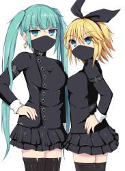  2girls bdsm belt blonde_hair blue_eyes bondage bound bow choker collar gem_(symbol) earrings goth_fashion green_eyes green_hair hand_on_own_hip hatsune_miku highres jewelry kagamine_rin mask mouth_mask multiple_girls short_hair skirt strap thighhighs twintails vocaloid white_background zettai_ryouiki  rating:Questionable score:9 user:inky