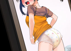 1girl absurdres ass black_hair blush camisole camisole_over_clothes character_request clothes_pull copyright_request diaper facing_viewer female_focus flat_chest from_behind gogo_(201177) head_out_of_frame heart heart_print highres loli looking_back lower_teeth_only open_mouth orange_camisole pee pee_stain peeing print_diaper pull-up_diaper pulling_own_clothes purple_shirt shirt shirt_pull short_sleeves solo source_request spaghetti_strap stained_underwear standing strap_slip surprised teeth underwear wet_diaper wet_underwear white_diaper