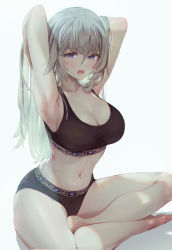 1girl :o armpits arms_up bare_arms bare_shoulders barefoot black_buruma black_sports_bra blue_eyes breasts bunching_hair buruma cleavage crop_top grey_hair indian_style large_breasts long_hair looking_at_viewer midriff navel open_mouth original ponytail revision simple_background sitting sleeveless solo sports_bra stomach syuri22 thighs white_background rating:Sensitive score:23 user:danbooru