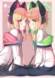  2girls absurdres animal_ear_headphones animal_ears between_legs black_thighhighs blonde_hair blue_archive blue_necktie blush bow commentary commentary_request english_commentary fake_animal_ears from_side green_bow green_eyes green_halo green_hood hair_bow halo hand_between_legs headphones highres jacket long_sleeves looking_to_the_side low-tied_sidelocks midori_(blue_archive) mintshiiii mixed-language_commentary momoi_(blue_archive) multiple_girls necktie open_mouth parted_lips pink_bow pink_eyes pink_hood siblings sitting smile thighhighs twins twitter_username white_jacket 