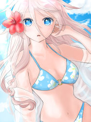  1girl alternate_breast_size alternate_costume arm_at_side asaki_(bluemoonstone) bikini blue_bikini blue_eyes blue_sky braid breasts cleavage cloud cloudy_sky collarbone day dutch_angle eyelashes floating_hair floral_print flower hair_between_eyes hair_flower hair_ornament hand_in_own_hair hand_up hibiscus ia_(vocaloid) light_rays long_hair looking_at_viewer medium_breasts navel o-ring o-ring_bikini o-ring_top open_mouth outdoors parted_lips red_flower see-through shiny_skin sky solo stomach sunlight swimsuit upper_body vocaloid white_hair  rating:Sensitive score:5 user:danbooru