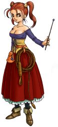  1girl absurdres breasts brown_eyes cleavage corset dragon_quest dragon_quest_viii dress earrings highres holding holding_wand jessica_albert jewelry large_breasts official_art purple_shirt red_dress red_hair shirt simple_background smile solo square_enix standing strapless strapless_dress toriyama_akira twintails wand weapon whip white_background 