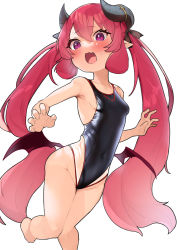 1girl absurdres alternate_costume armpits black_one-piece_swimsuit blue_archive breasts collarbone commentary_request embarrassed hair_between_eyes highleg highleg_one-piece_swimsuit highres horns junko_(blue_archive) loli long_hair looking_at_viewer low_wings one-piece_swimsuit open_mouth red_hair simple_background skindentation small_breasts solo swimsuit twintails umashio very_long_hair wavy_mouth white_background wings rating:Sensitive score:65 user:danbooru