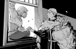  1boy 1girl abaraya brother_and_sister cloak commentary_request dungeon_meshi falin_touden fur-trimmed_cloak fur_trim greyscale hand_grab laios_touden long_sleeves looking_at_another monochrome petals short_hair siblings sitting window 
