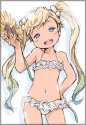  10s 1girl :d bad_id bad_twitter_id bare_shoulders bikini blonde_hair blue_eyes blue_hair blush border collarbone flat_chest flower frilled_bikini frills gradient_hair granblue_fantasy green_hair hair_flower hair_ornament ham_(points) hand_on_own_hip holding holding_flower inactive_account io_(granblue_fantasy) io_(summer)_(granblue_fantasy) light_particles loli long_hair looking_at_viewer matching_hair/eyes multicolored_hair navel open_mouth smile solo sunflower swimsuit tan twintails wet white_bikini  rating:Sensitive score:110 user:danbooru