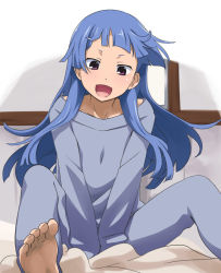 00s 1girl barefoot blue_hair blunt_bangs feet kannagi long_hair nagi pajamas pants soles solo sweater sweatpants toes youkan rating:Sensitive score:32 user:danbooru