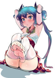 1girl arms_behind_head ass barefoot blue_eyes blue_hair blurry blush depth_of_field feet feet_together foot_focus huge_ass long_hair looking_at_viewer no_shoes pov soles toeless_legwear toes twintails white_legwear wwwazxc rating:Questionable score:63 user:ssfl
