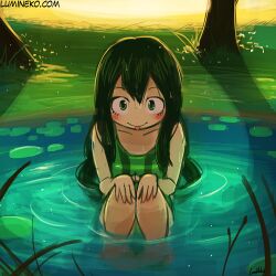  1girl artist_name asui_tsuyu black_hair blush boku_no_hero_academia female_focus grass green_eyes green_hair hair_rings hands_on_own_knees lily_pad long_hair looking_at_viewer low-tied_long_hair lumineko one-piece_swimsuit outdoors partially_submerged shadow sitting smile solo sunset swimsuit tongue tongue_out tree water watermark web_address wet wet_hair  rating:General score:6 user:vlbt3raz