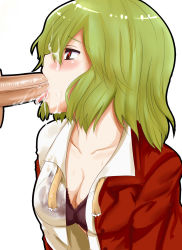  1girl blush bra breasts cleavage cum cum_in_mouth cum_on_clothes cum_on_hair cum_on_tongue facial fellatio green_hair highres kazami_yuuka lingerie nuko_(mikupantu) open_clothes open_shirt oral penis red_eyes shirt short_hair solo_focus tongue touhou uncensored underwear wet wet_clothes  rating:Explicit score:50 user:danbooru