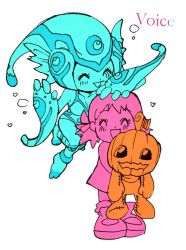  1other 2girls ai_(digimon) axe breasts chibi clothing_cutout digimon digimon_tamers frog_girl happy heart helmet highres low_twintails multiple_girls navel_cutout one-piece_swimsuit pumpkin pumpmon ranamon smile swimsuit twintails  rating:General score:3 user:Chaos11