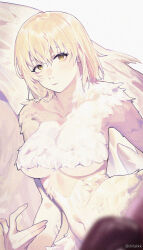  1girl bad_hands blonde_hair breasts chilakkk closed_mouth collarbone commentary_request dungeon_meshi falin_touden falin_touden_(chimera) feathered_wings feathers hair_between_eyes highres looking_at_viewer medium_breasts monster_girl navel simple_background slit_pupils solo stomach taur twitter_username underboob white_background white_feathers wings yellow_eyes 