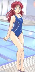  1990s_(style) 1girl azalyn_(musekinin_kanchou_tylor) bare_arms bare_legs bare_shoulders barefoot blue_one-piece_swimsuit breasts circlet competition_swimsuit eyelashes gem green_gemstone highres indoors long_hair medium_breasts mizumori_keiichi musekinin_kanchou_tylor one-piece_swimsuit open_mouth pointy_ears pool poolside purple_eyes red_hair retro_artstyle simple_background solo standing swimsuit tiptoes water white_background 