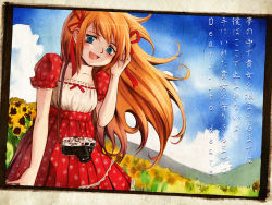 blue_eyes bow camera cloud day dress flat_chest flower framed grass lace long_hair messiah messiah_cage red_hair sky smile solo standing sunflower rating:Sensitive score:0 user:danbooru