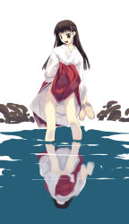 1girl :d brown_eyes brown_hair clothes_lift hakama hakama_skirt holding holding_shoes japanese_clothes long_hair miko murakami_suigun no_panties open_mouth original pale_skin red_hakama reflection reflective_water sandals shoes simple_background skirt skirt_lift smile solo wading water zouri rating:Questionable score:23 user:danbooru