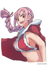  1girl alternate_costume aosora2823 artist_name braid braided_ponytail brown_eyes commentary english_commentary hair_ribbon highres long_hair looking_at_viewer one_piece open_mouth pink_hair ponytail rebecca_(one_piece) red_ribbon ribbon simple_background smile solo teeth twitter_username white_background 
