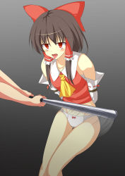  1girl abuse aluminum_bat ascot bare_shoulders baseball_bat bdsm beating blood blood_from_mouth blush bondage bound bound_arms bow bow_panties brown_hair cookie_(touhou) disembodied_hand empty_eyes hair_bow hair_ribbon hair_tubes hakurei_reimu highres large_bow long_hair no_pants panties red_eyes reu_(cookie) ribbon ryona saliva saliva_trail sarashi short_hair_with_long_locks solo_focus szk thighs tongue tongue_out torture touhou underwear  rating:Questionable score:46 user:danbooru