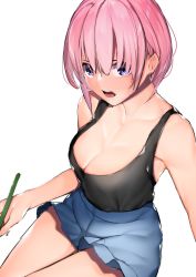 1girl absurdres bare_shoulders black_tank_top blue_eyes blue_shorts blush breasts cleavage collarbone go-toubun_no_hanayome hair_between_eyes highres large_breasts looking_at_viewer mairudo_(mildcoffee1117) nakano_ichika open_mouth pink_hair short_hair short_shorts shorts simple_background solo tank_top thighs white_background rating:Questionable score:29 user:danbooru