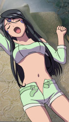  1girl aa_megami-sama bed black_hair highres midriff no_panties open_clothes open_fly open_mouth open_shorts short_shorts shorts skuld_(aa_megami-sama) sleeping stretching third-party_edit unbuckled open_belt unbuttoned unzipped vector_trace yawning  rating:Questionable score:43 user:arkady