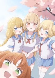 4girls :d :o absurdres ag-2c_sirene arm_at_side arm_hug arm_up blonde_hair blue_bow blue_eyes blue_sailor_collar blue_skirt blush bow braid breasts brown_eyes brown_hair cherry_blossoms crop_top day falling_petals fang feet_out_of_frame green_eyes hair_between_eyes hair_bow hand_up highres jitome last_origin long_hair looking_at_viewer looking_to_the_side low_twintails midriff miniskirt multiple_girls navel neckerchief nereid_(last_origin) open_mouth outdoors parted_bangs petals photobomb pleated_skirt qz red_neckerchief sailor_collar school_uniform selfie serafuku shirt short_sleeves sidelocks sideways_glance skin_fang skirt small_breasts smile standing straight_hair teeth thetis_(last_origin) thighhighs tree twintails undine_(last_origin) upper_teeth_only white_shirt white_thighhighs zettai_ryouiki
