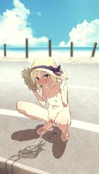  1girl :d adjusting_clothes adjusting_headwear beach blonde_hair blush cleft_of_venus cloud day feet female_focus flat_chest full-face_blush full_body green_eyes hands_up hat hat_ribbon highres loli long_hair looking_at_viewer navel nipples nude ocean open_mouth original outdoors peeing pussy pussy_juice pussy_juice_drip pussy_juice_trail ribbon road sandals sky smile solo spread_legs squatting straw_hat sweat toes uncensored water yamada_(gotyui)  rating:Explicit score:591 user:sytalidis