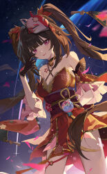  1girl absurdres akanbe bare_shoulders black_gloves blunt_bangs breasts brown_hair cleavage commentary cowboy_shot criss-cross_halter detached_sleeves dress eyelid_pull falling_petals flower_tattoo fox_mask frilled_sleeves frills gloves halterneck hand_up highres honkai:_star_rail honkai_(series) long_hair looking_at_viewer mask mask_on_head obi obijime petals pink_eyes red_dress red_sleeves sash shi_classmate solo sparkle_(honkai:_star_rail) tattoo tongue tongue_out twintails very_long_hair 
