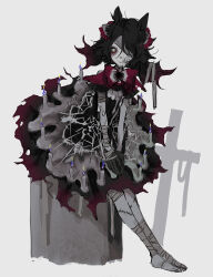 1girl absurdres animal_ears bags_under_eyes bandage_over_one_eye bandaged_arm bandaged_leg bandages barefoot black_dress black_hair blind candle closed_mouth colored_sclera cross dress full_body grey_background grey_sclera head_wings highres jiz_(pffbq) latin_cross long_hair looking_at_viewer melting monster_girl original simple_background smile solo spider_web_print stitched_leg stitches tombstone white_eyes wings zombie 
