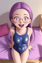  ai-assisted digimon digimon_adventure_02 dot_pupils highres ia inoue_miyako looking_at_viewer looking_up looking_up_at_viewer navel on_bed open_mouth purple_eyes purple_hair sitting swimsuit tight_clothes  rating:Sensitive score:9 user:(S.I.C)