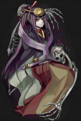  1girl arc_system_works aya_(min412) bad_id bad_pixiv_id blazblue hades_izanami long_hair mikado_(blazblue) ponytail purple_hair red_eyes skeleton solo 