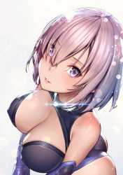 1girl arched_back ass bad_anatomy bad_perspective black_gloves blush breasts cleavage elbow_gloves eyes_visible_through_hair fate/grand_order fate_(series) from_above glint gloves hair_over_one_eye large_breasts lips looking_at_viewer mana_(remana) mash_kyrielight parted_lips purple_eyes purple_hair short_hair smile solo tsurime  rating:Sensitive score:30 user:danbooru